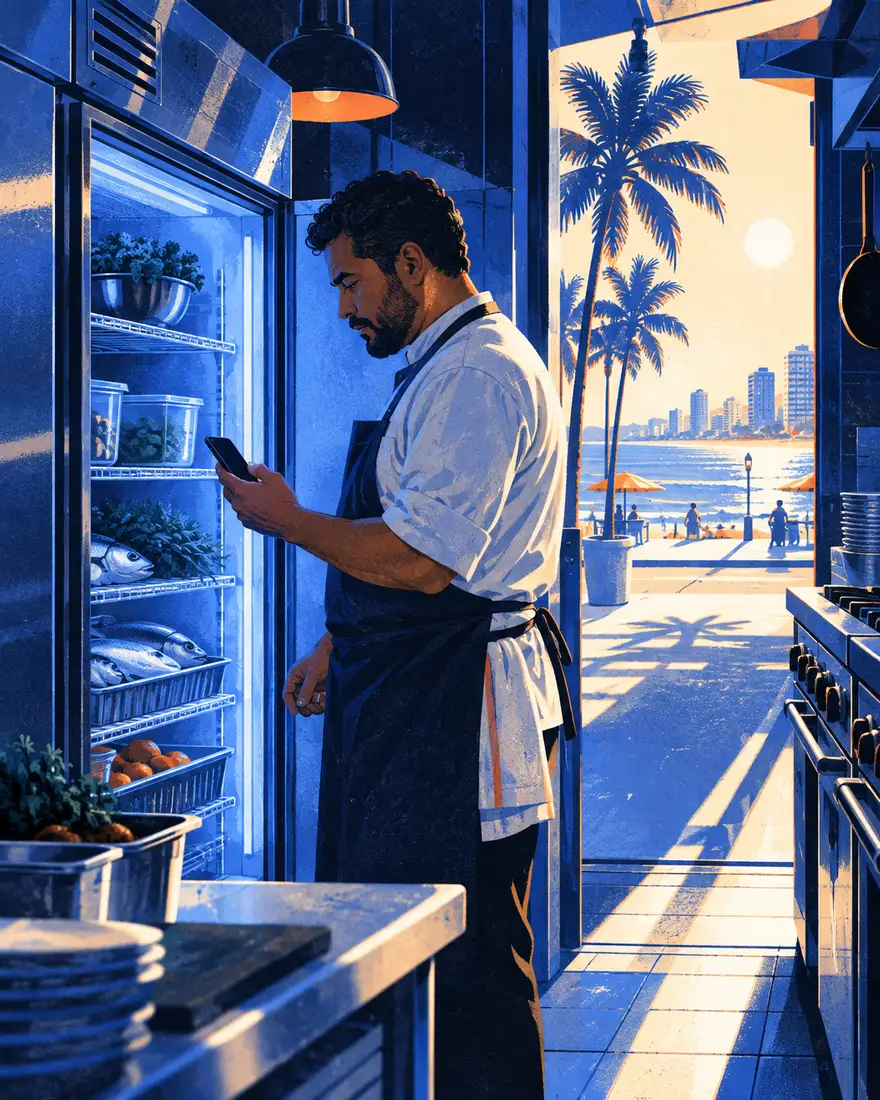 Ilustração: gerente de restaurante conferindo a temperatura da geladeira antes de abrir, numa manhã quente em Fortaleza