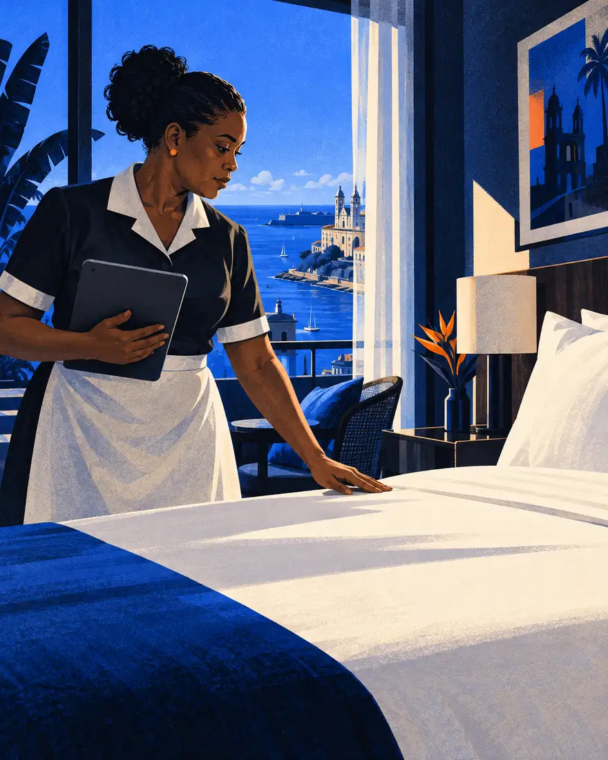 Ilustração: camareira conferindo um quarto de hotel com o tablet, com vista para o mar em Salvador