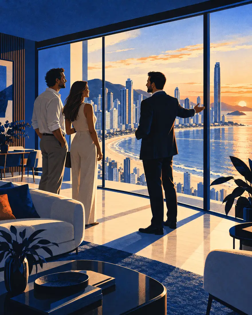 Ilustração: corretor mostrando um apartamento com vista para o mar em Balneário Camboriú