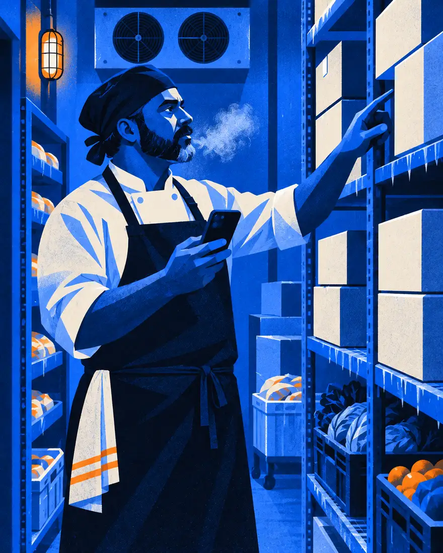 Ilustração: cozinheiro contando caixas na câmara fria com o celular na mão, em São Paulo
