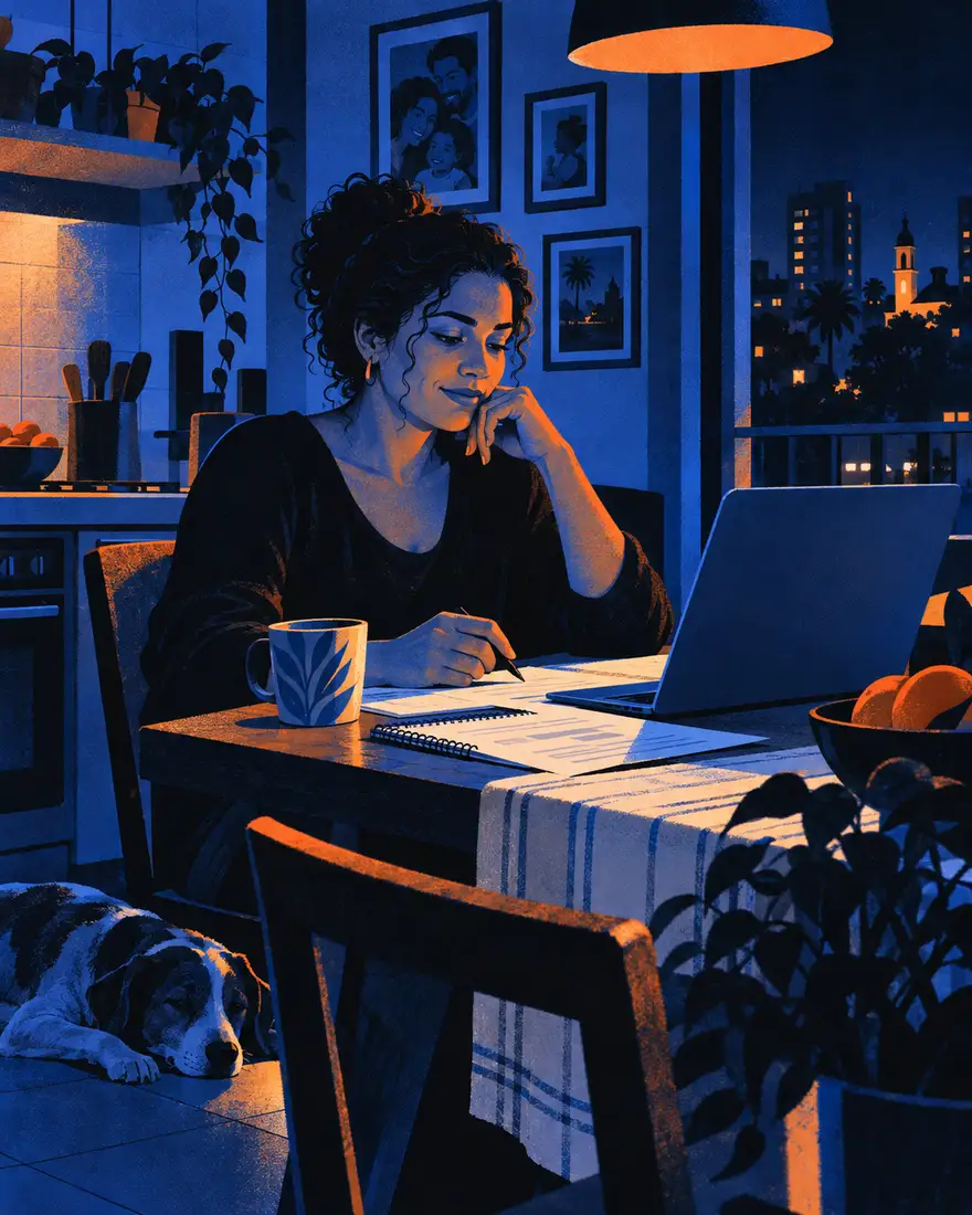 Ilustração: empresária fechando o mês com o notebook na mesa da cozinha, à noite, em Campinas