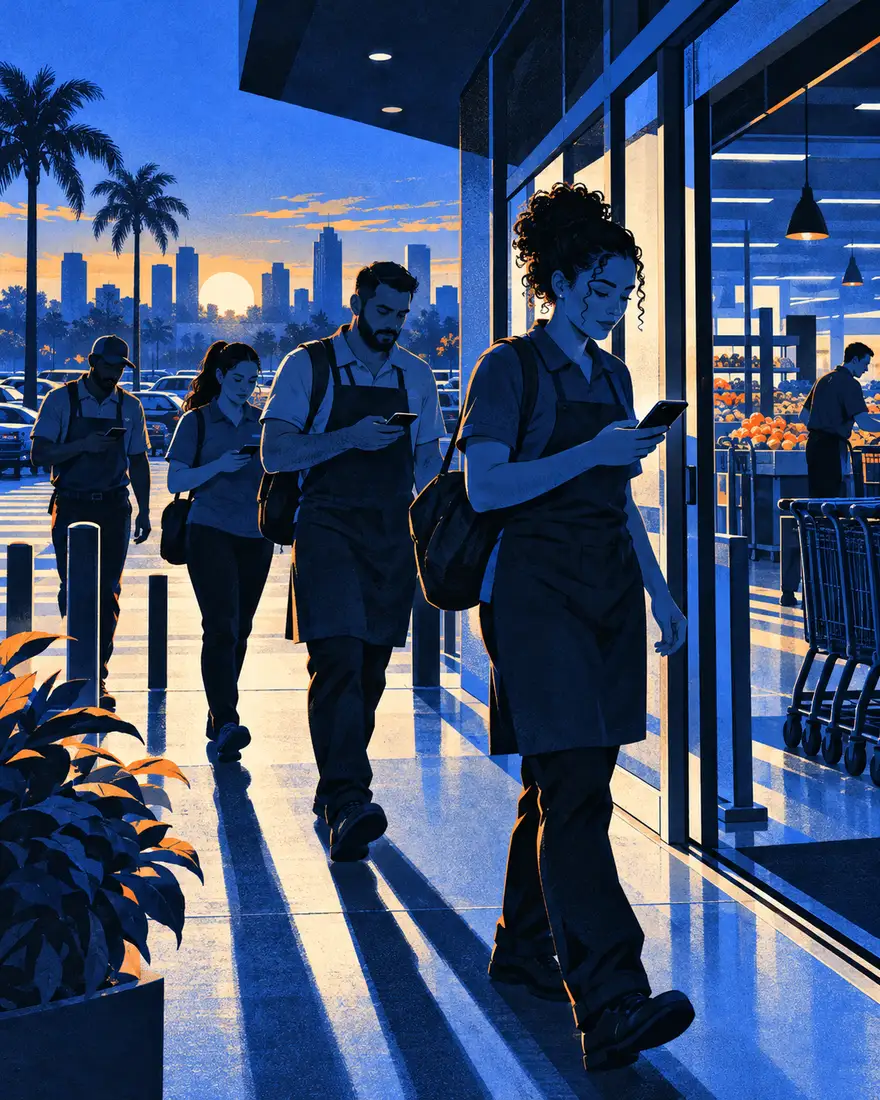 Ilustração: funcionários registrando o ponto no celular na entrada de um supermercado em Goiânia, ao amanhecer