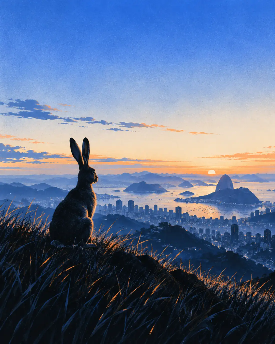 Ilustração: uma lebre no alto do morro olhando a cidade ao amanhecer