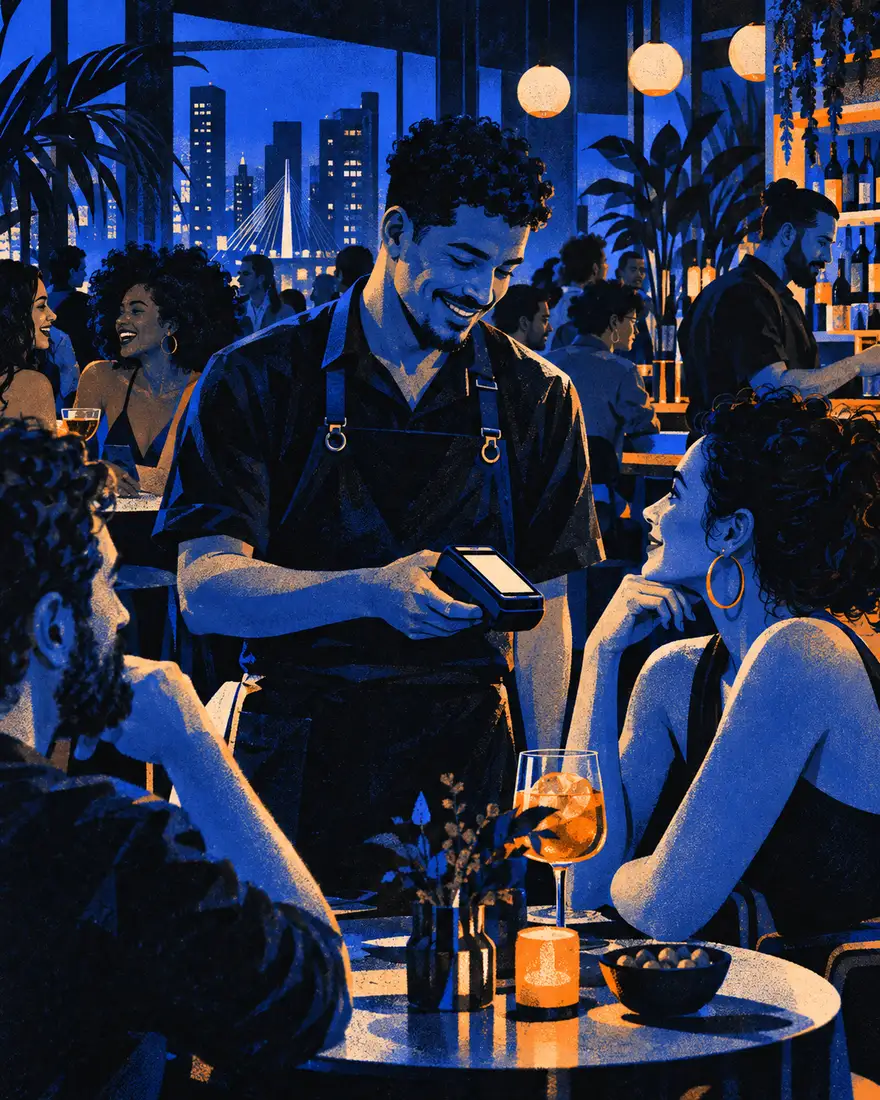 Ilustração: garçom cobrando na maquininha num bar lotado de São Paulo, numa sexta à noite