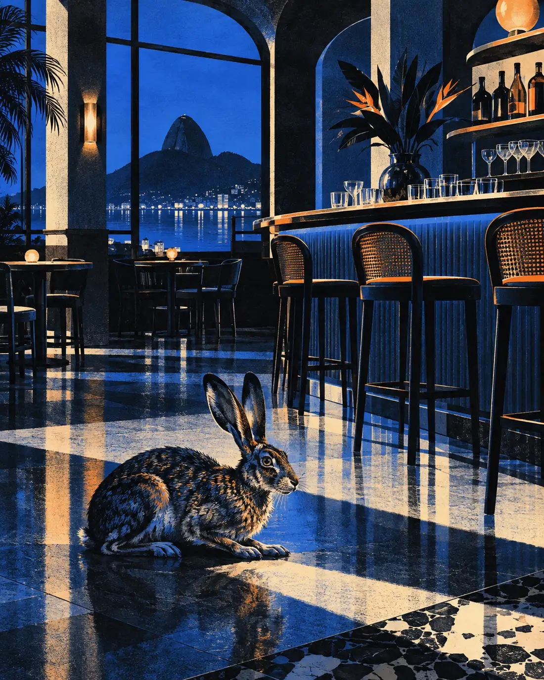 Ilustração: uma lebre no chão de um bar elegante depois de fechar, à noite