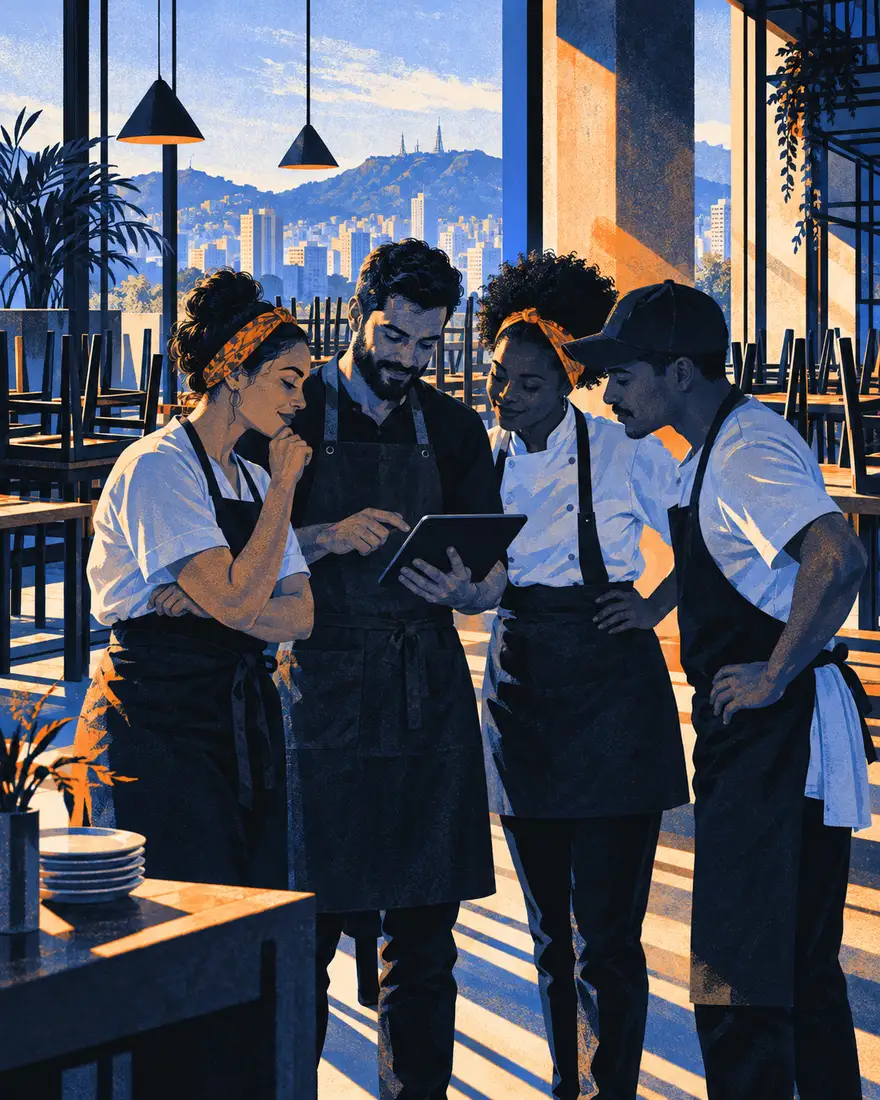 Ilustração: equipe de restaurante em Belo Horizonte conferindo a lista no tablet antes de abrir a unidade