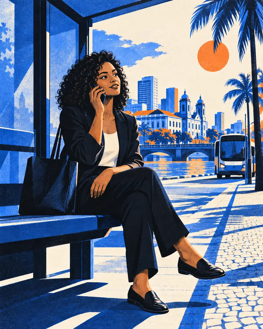 Ilustração: candidata respondendo perguntas da vaga pelo celular num ponto de ônibus em Recife