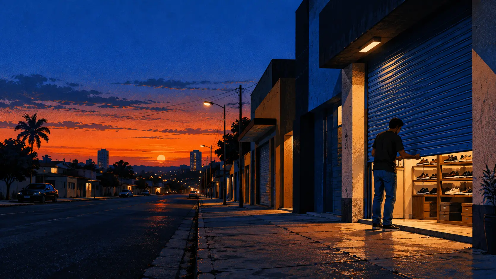 Ilustração: rapaz fechando a porta de uma loja de calçados numa avenida de Campo Grande, ao pôr do sol