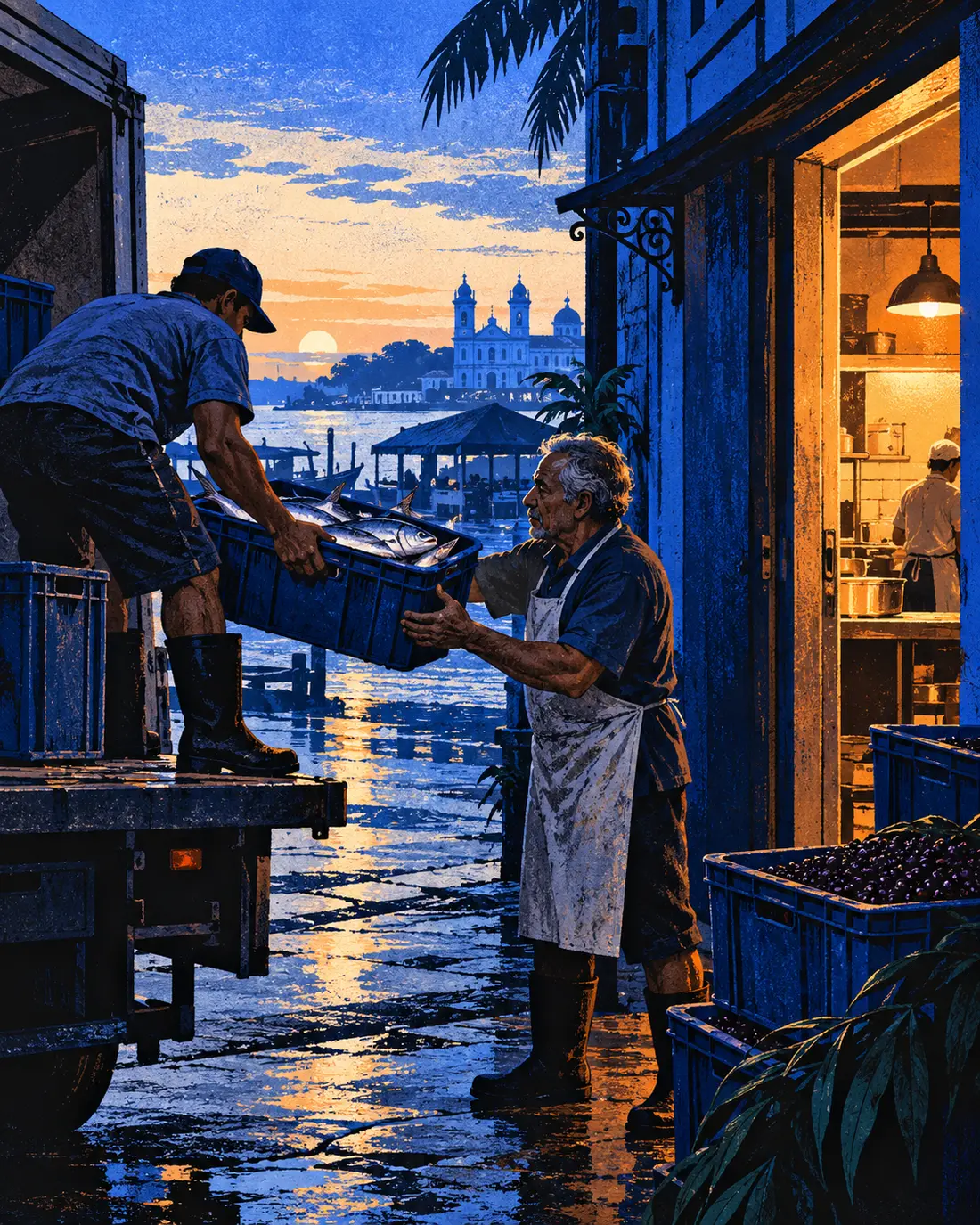 Ilustração: dono de restaurante recebendo caixas de peixe e açaí na porta dos fundos, em Belém, ao amanhecer